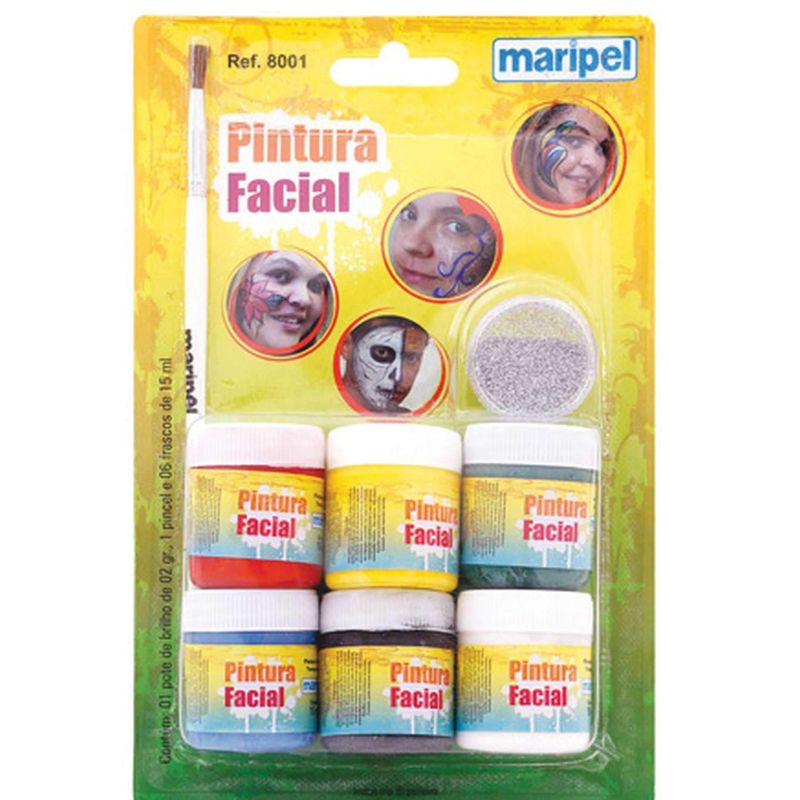Tinta Pintura Facial Kit 6 cores c/Pincel e Glitter