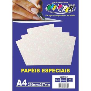 Papel Impressão Glitter 180gr A4 pct 5 folhas Off Paper Branco