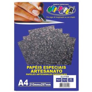 Papel Impressão Glitter 180gr A4 pct 5 folhas Off Paper Preto